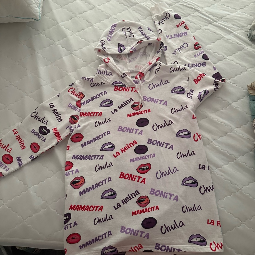 On Fire White sweatshirt with Purple and Red Print